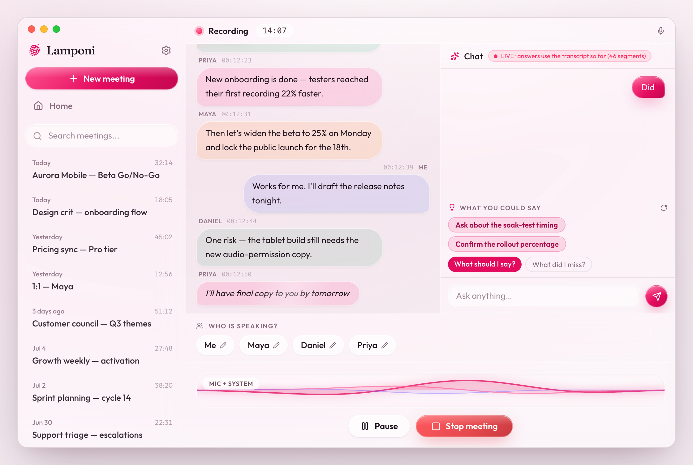 Chatting with a live meeting in Lamponi and getting answers cited to the transcript