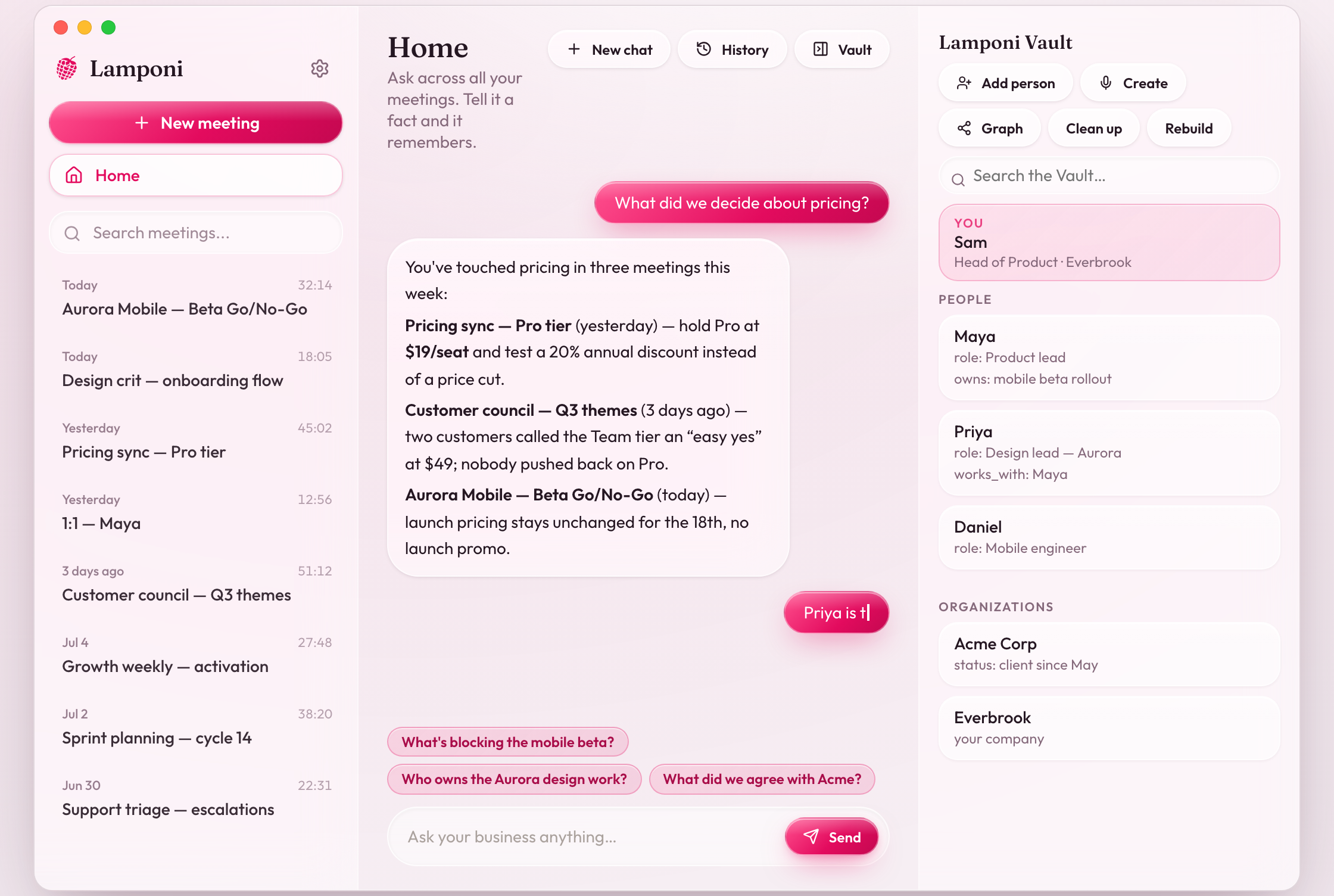 Lamponi home screen: ask a question across every recorded meeting in your Vault