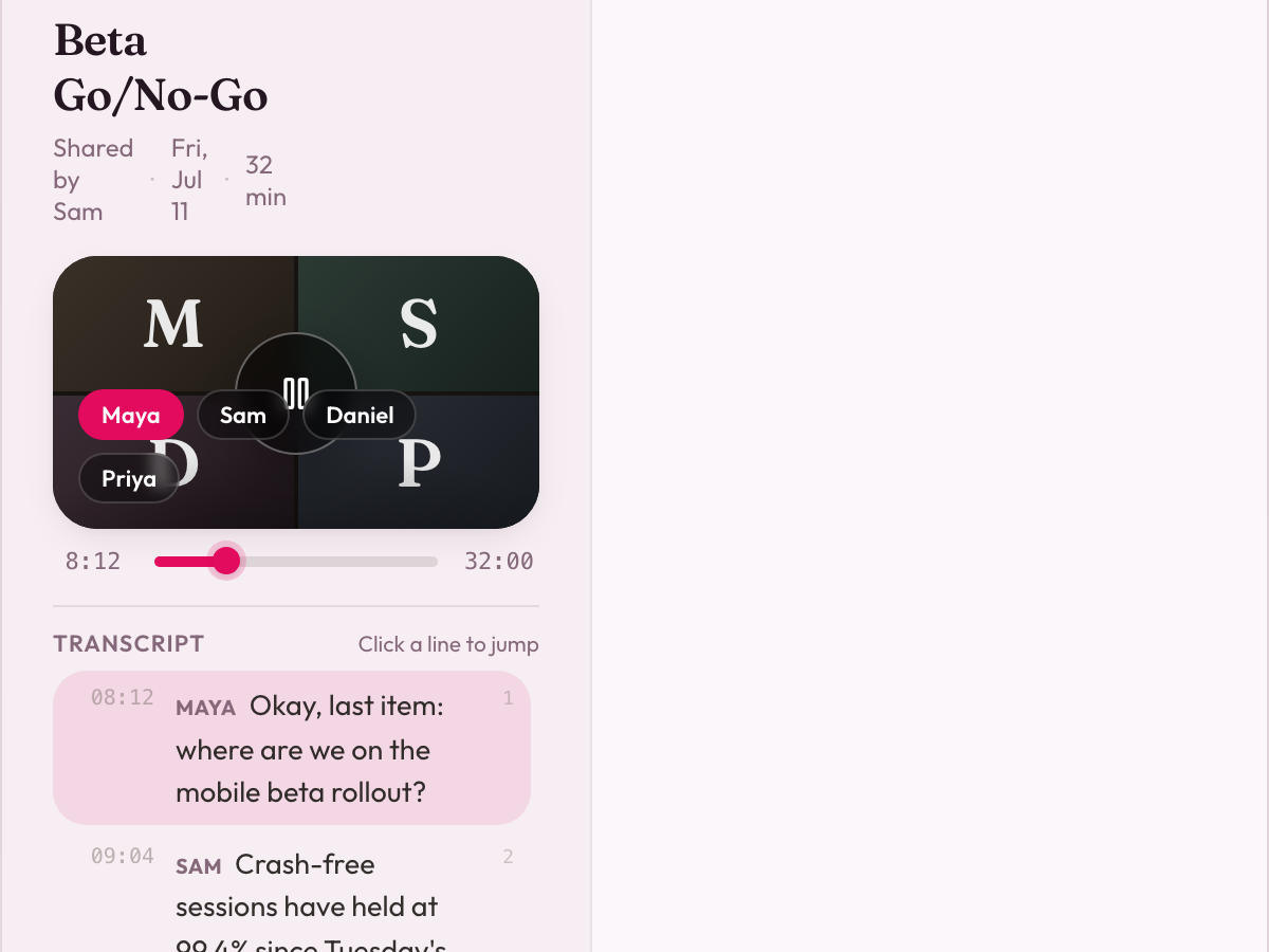 Opening a shared Lamponi meeting link: the recording plays beside the transcript and a chat sidebar