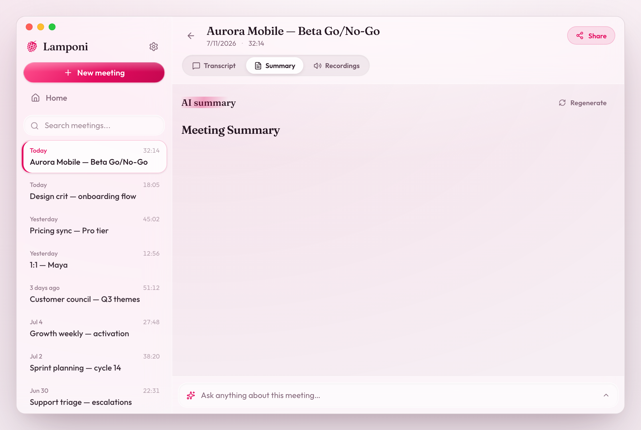 An automatically written meeting summary in Lamponi