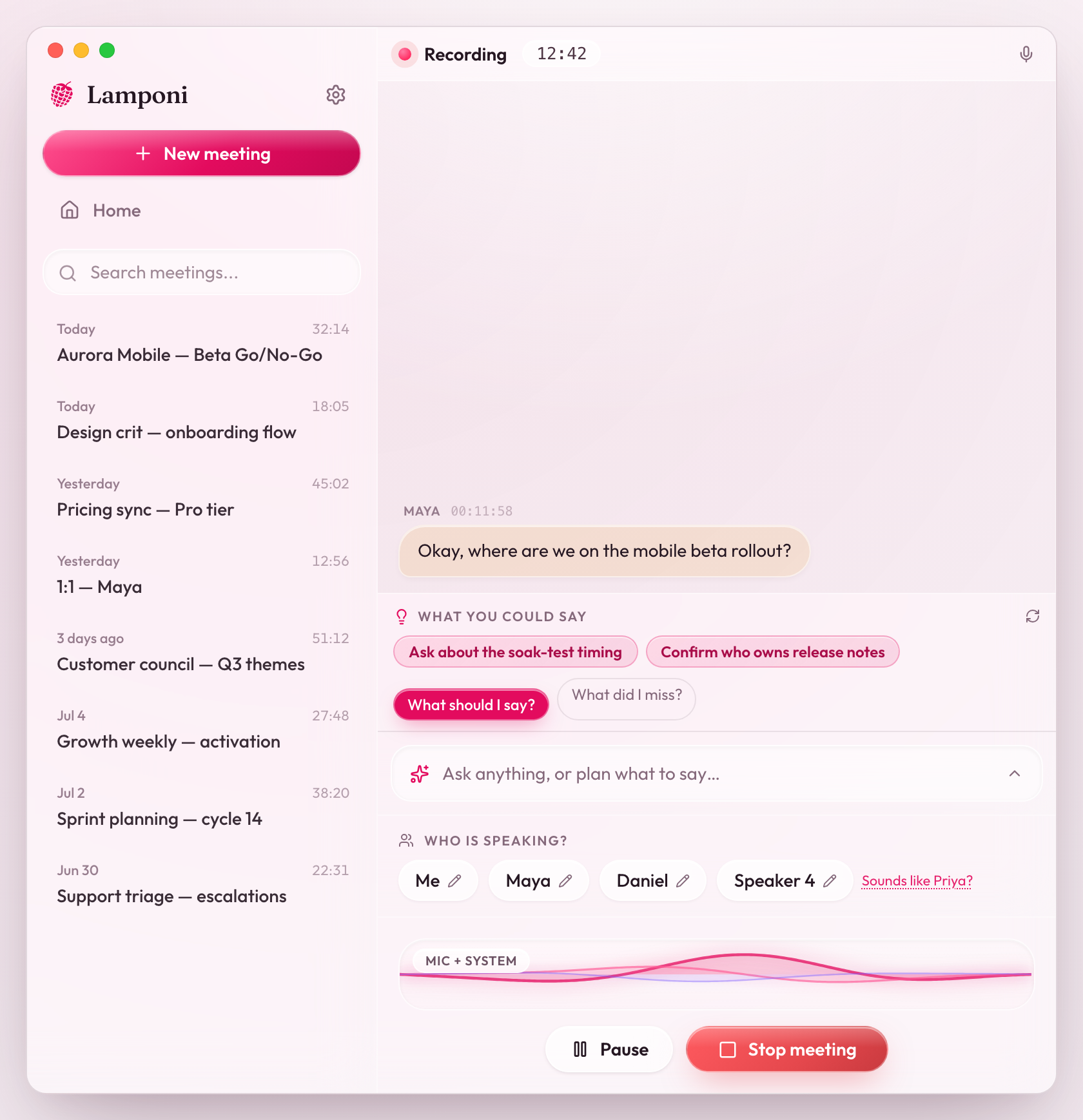 Lamponi live transcription with speaker labels as the meeting happens